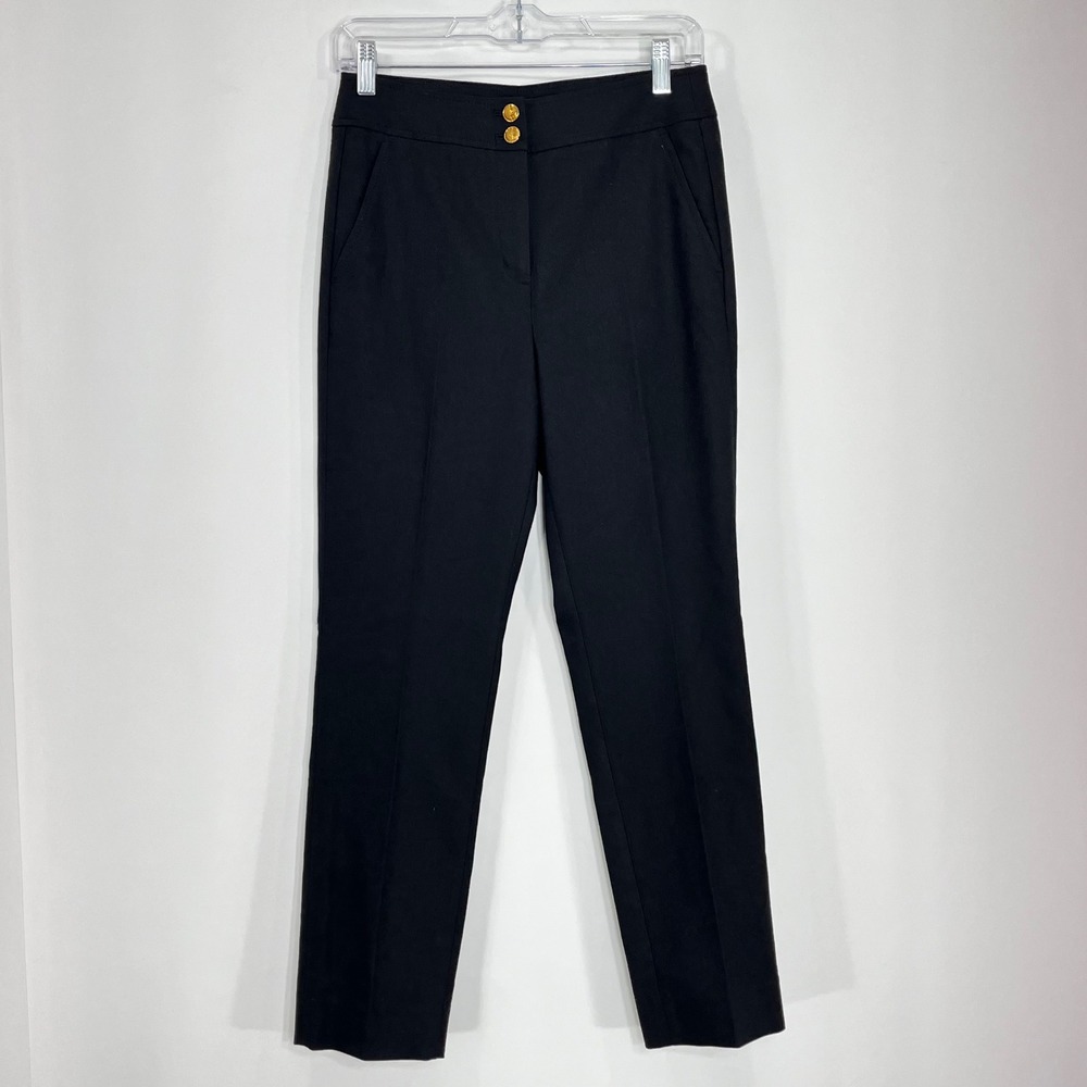 White House Black Market Black Straight Leg Linen Blend Pants Gold Button 2